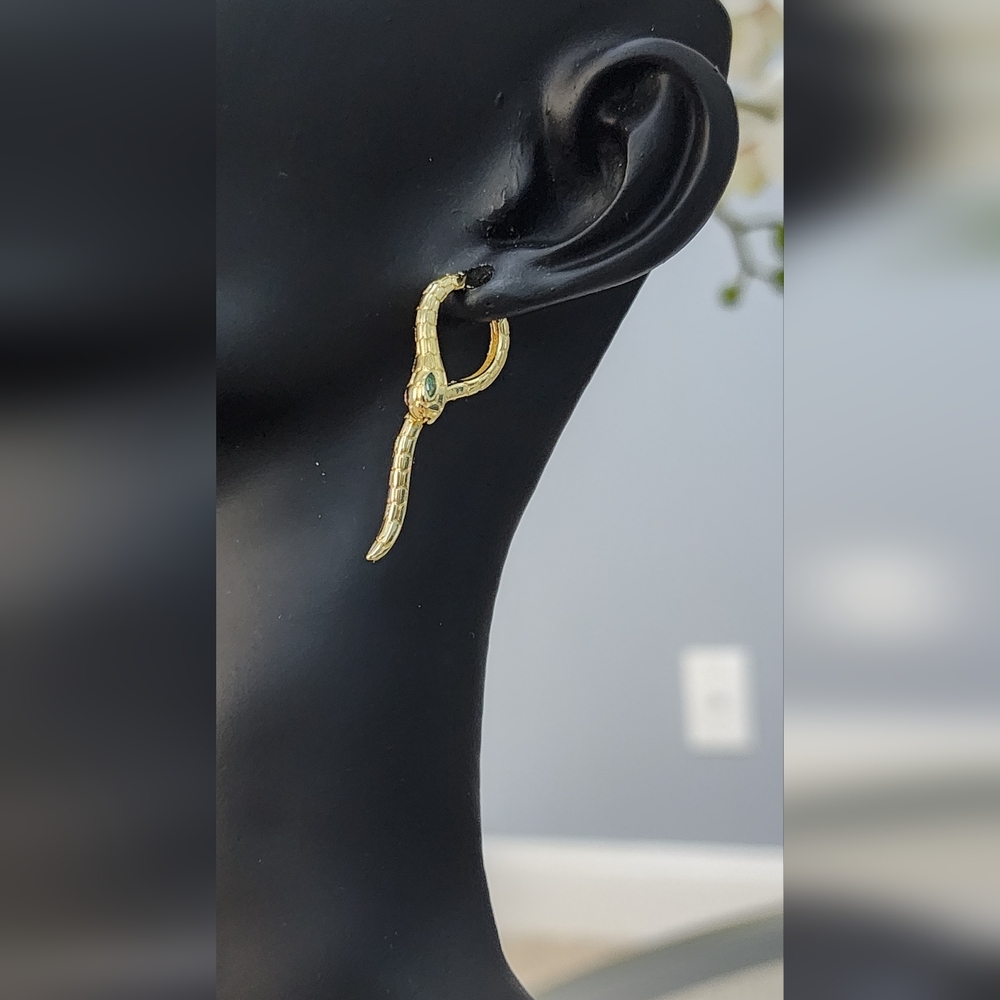 Gold Snake Earrings with Green Accent - Picture 4 of 7